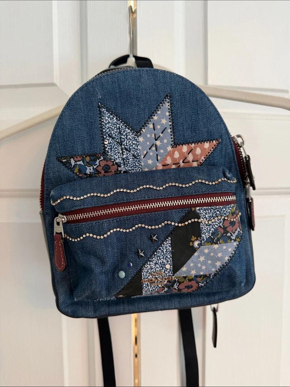 Authentic Coach Burgundy Leather/Denim mini backpack with patchwork/rhinestone